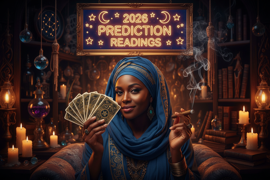 beatiful black woman with blue headwrap holding tarot cards in one hand and a cigar in the other hand, with a sign above her head that says 2026 Prediction Readings